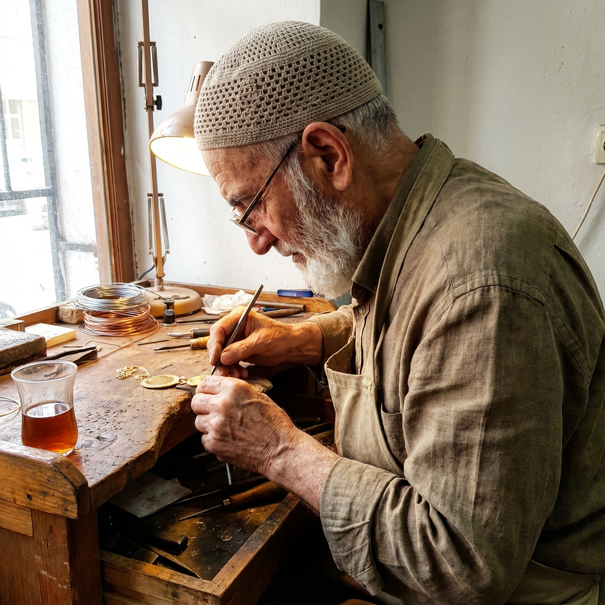 Craftsman engraving a piece of jewelry at his workbench