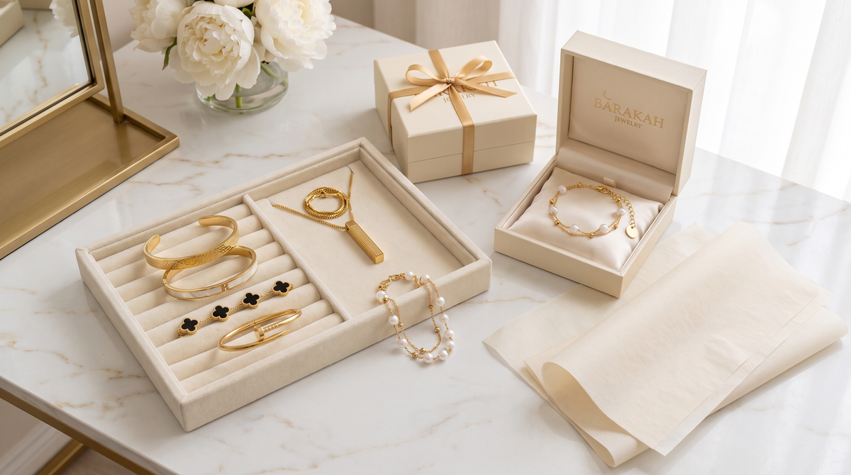 Barakah gold jewelry laid out in a cream jewelry box